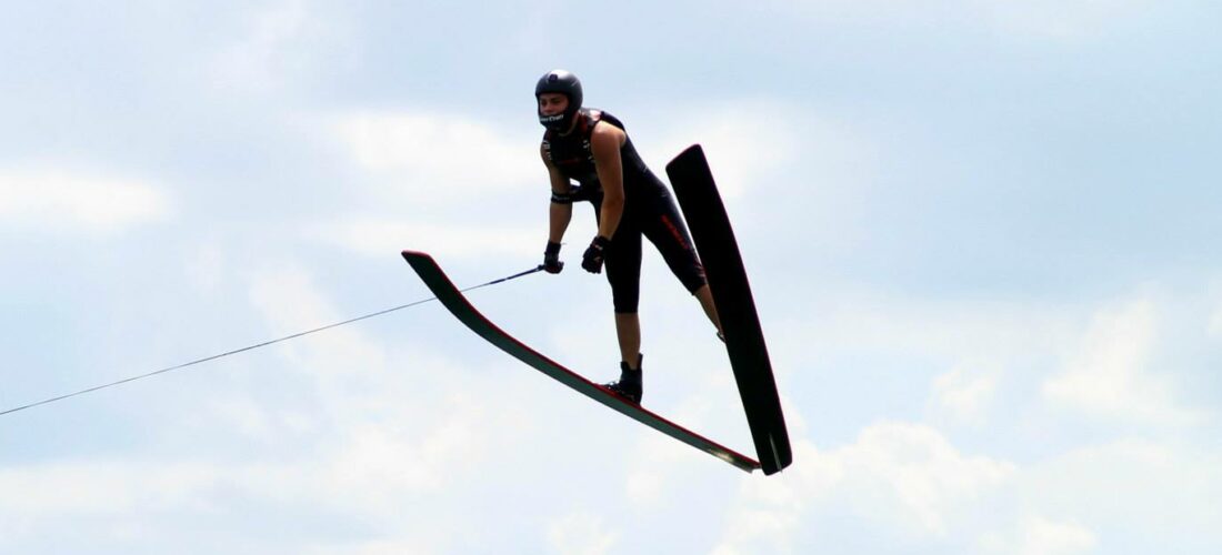 American waterskier Taylor Garcia soars through the air