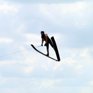 American waterskier Taylor Garcia soars through the air