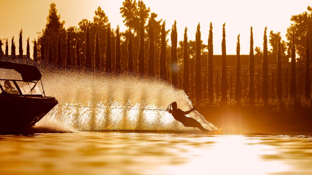 Slalom skiing at sunset