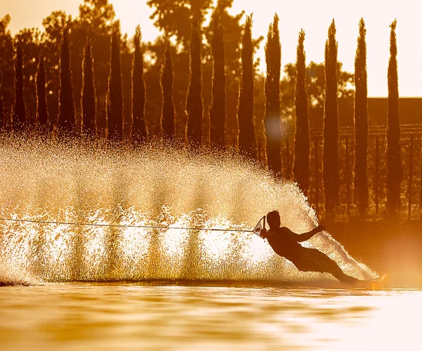 Slalom skiing at sunset