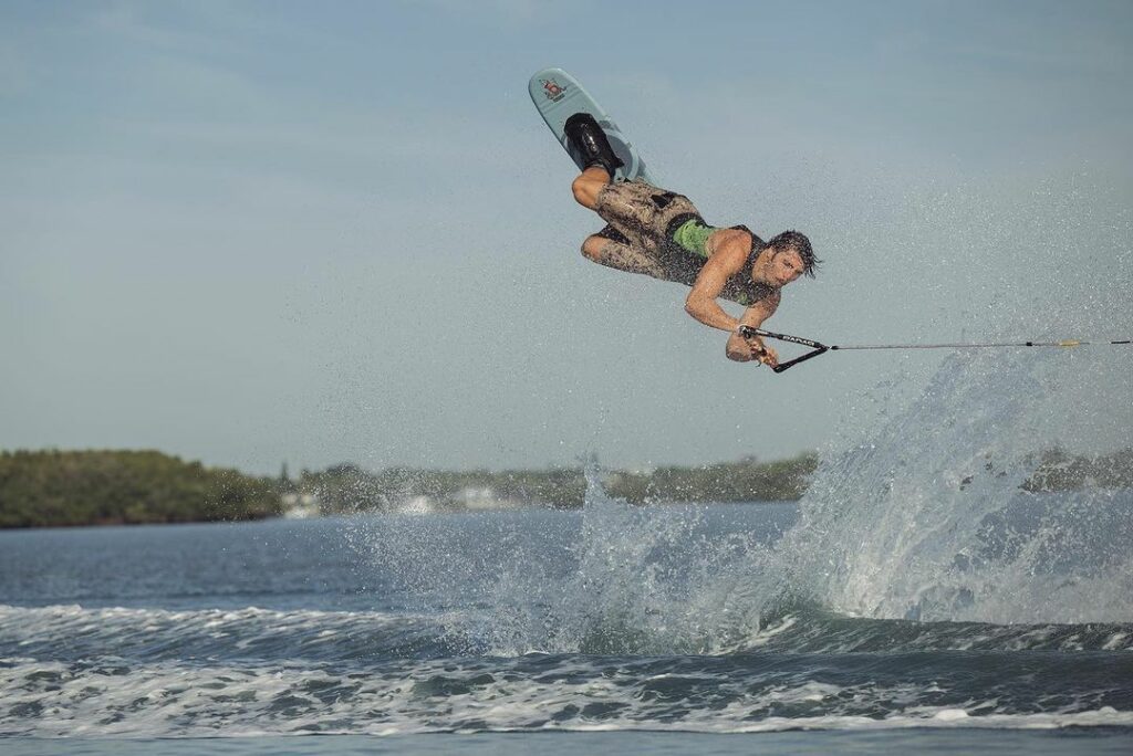 Joel Poland performs a Raley on his Radar trick ski