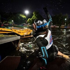 Jacinta Carroll competes in night jump at the 2023 Moomba Masters