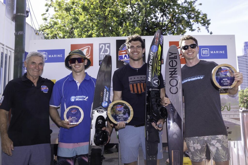 Men's slalom podium with Freddie 1st, Joel Howley (r) 2nd & Lucas Cornale 3rd.