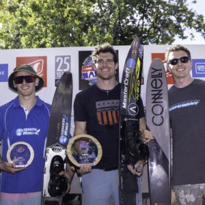 Men's slalom podium with Freddie 1st, Joel Howley (r) 2nd & Lucas Cornale 3rd.