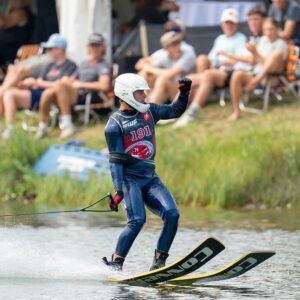 Jake Abelson jumps during the finals @predatorbay during the U17 world waterski championships in Calgary, Alberta, Canada.