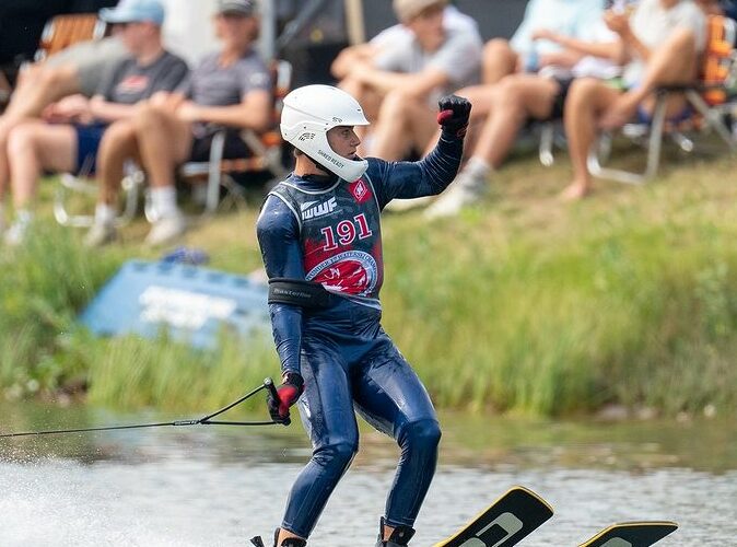 Jake Abelson jumps during the finals @predatorbay during the U17 world waterski championships in Calgary, Alberta, Canada.