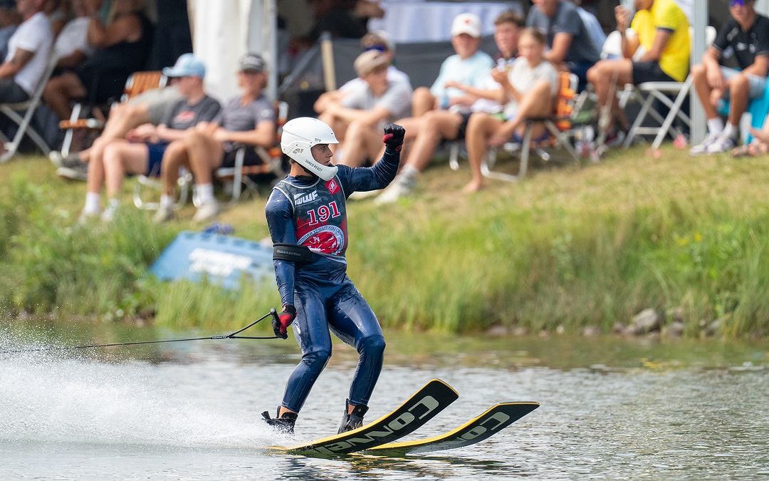 Jake Abelson jumps during the finals @predatorbay during the U17 world waterski championships in Calgary, Alberta, Canada.